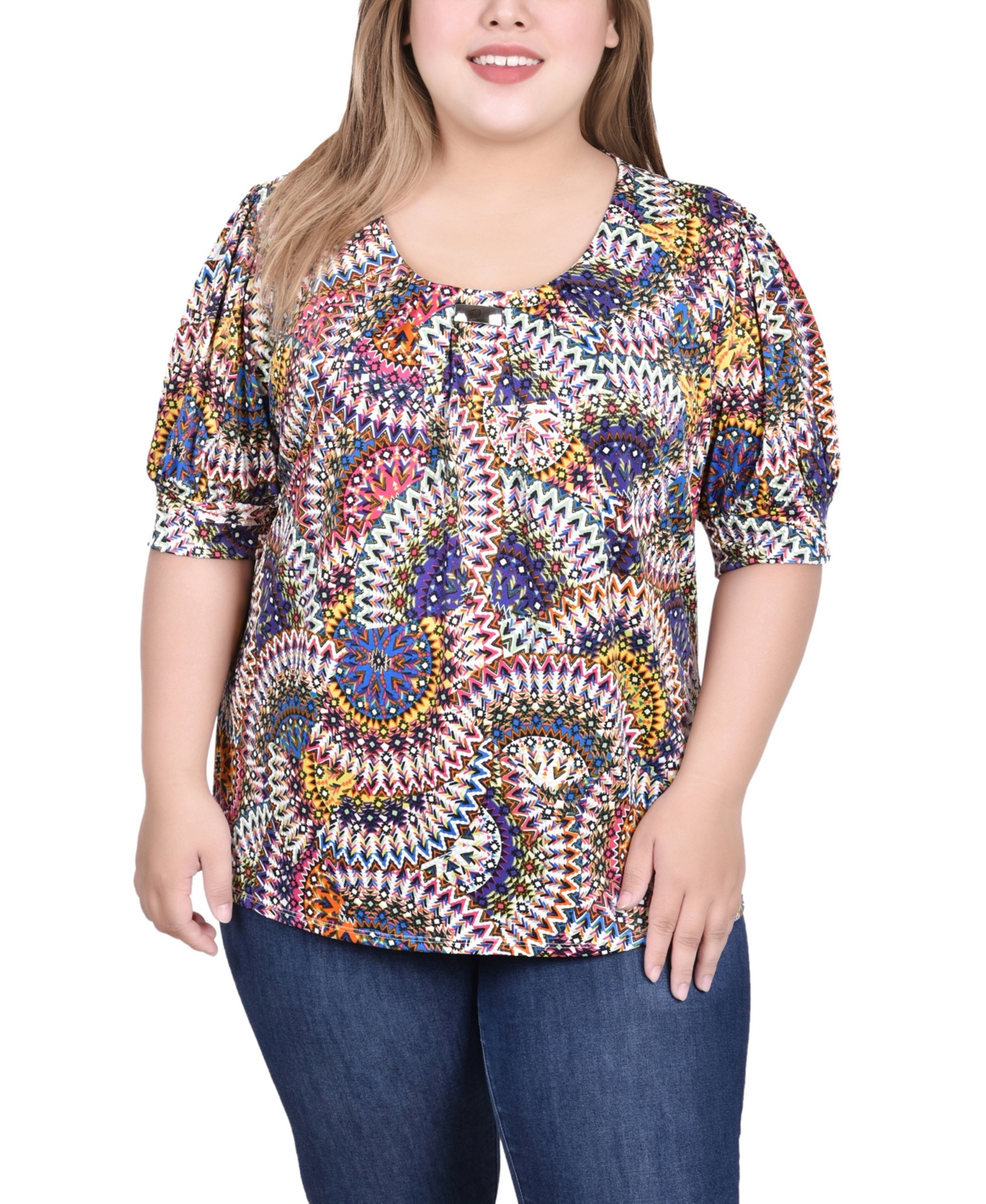 Ny Collection Plus Size Short Sleeve Balloon Sleeve Top With Hardware In Pink Candy Wheel
