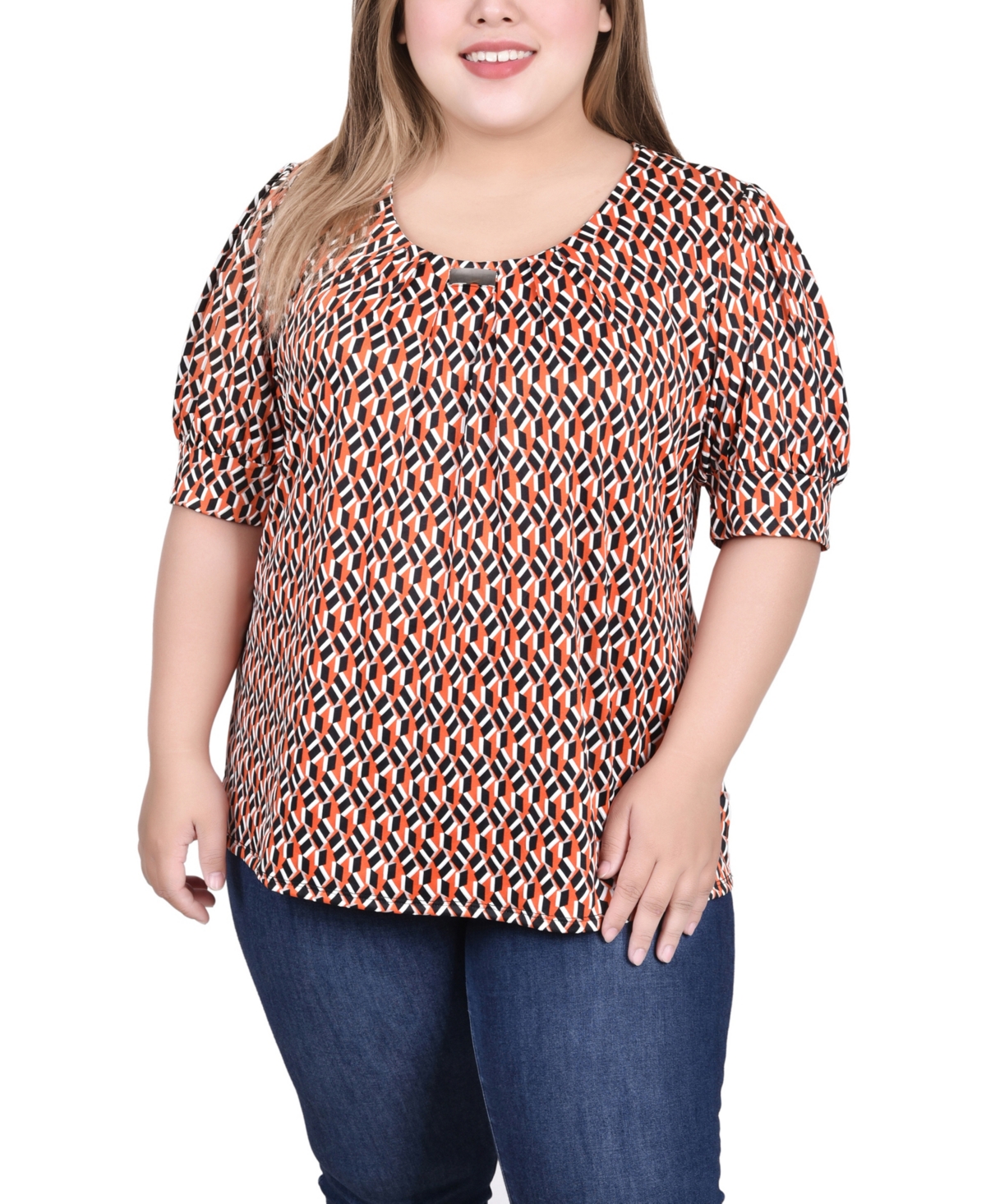 Ny Collection Plus Size Short Sleeve Balloon Sleeve Top With Hardware In Coral Cubirain