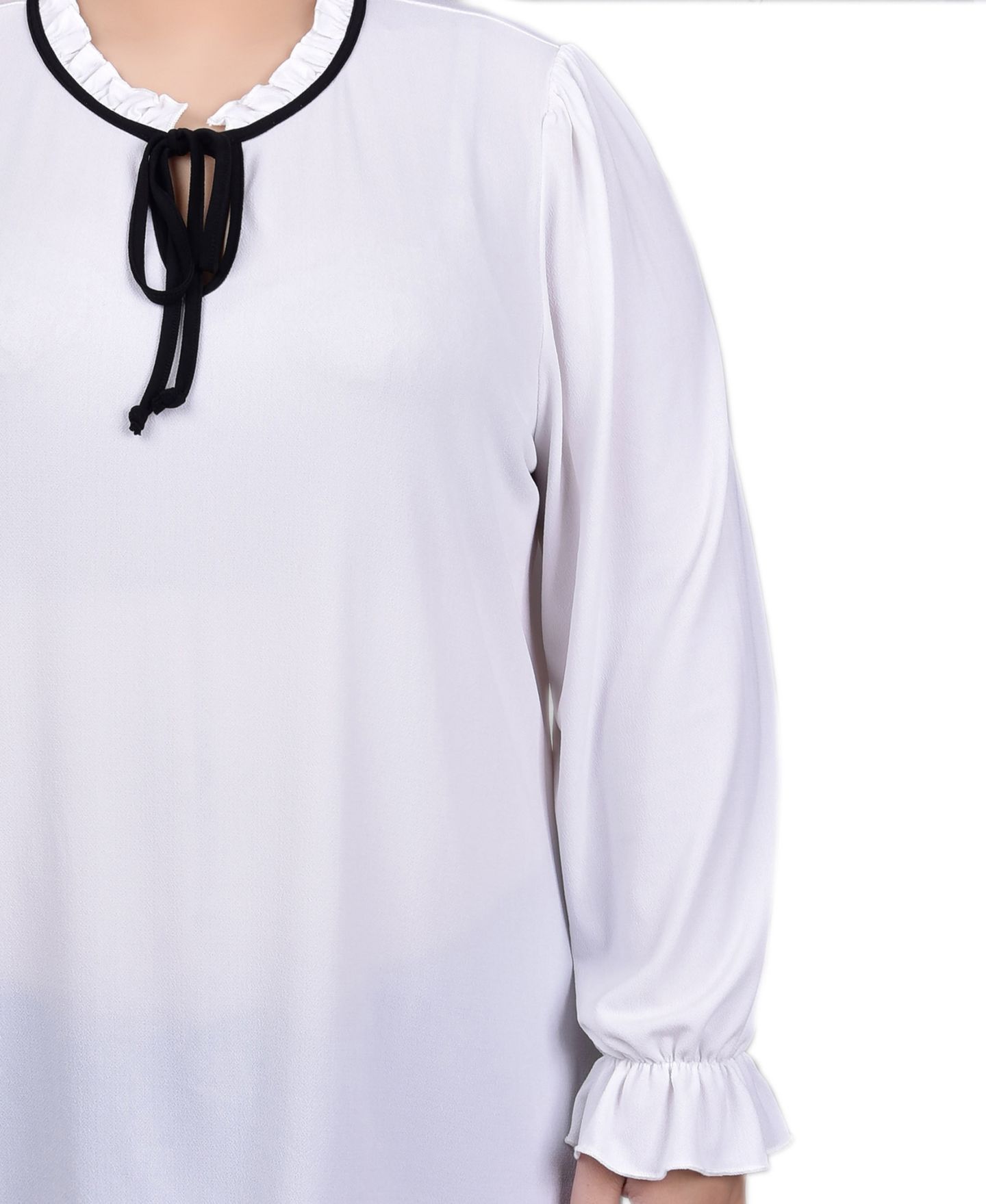 Женский топ NY Collection Plus Size Long Sleeve Tie Neck, цвет: Белый чёрный — фото 4