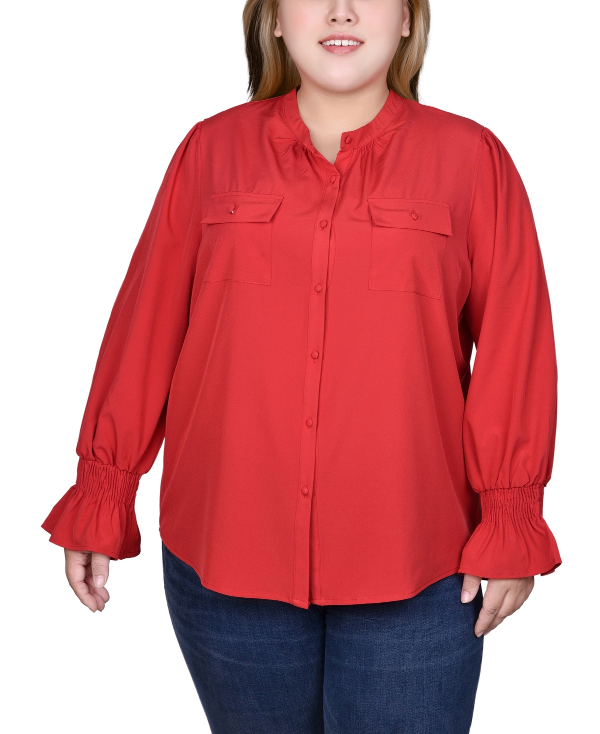 Ny Collection Plus Size Long Sleeve Mandarin Collar Blouse In Barbados Cherry