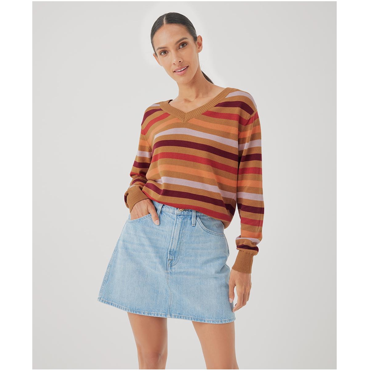 Organic Cotton Classic Fine Knit V-Neck Sweater - Vail stripe