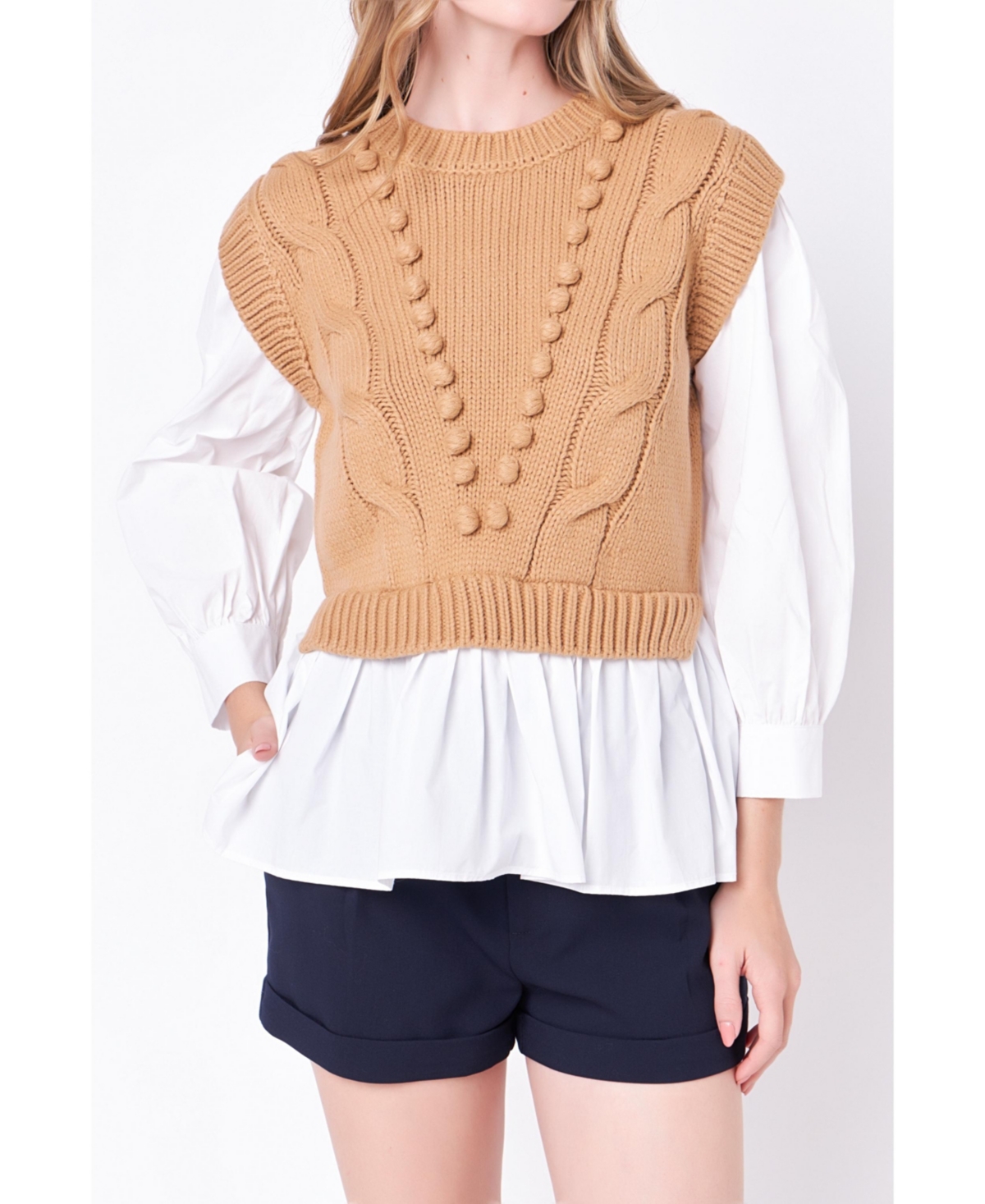 English Factory Women's Mixed Media Cable Sweater In Tan,white