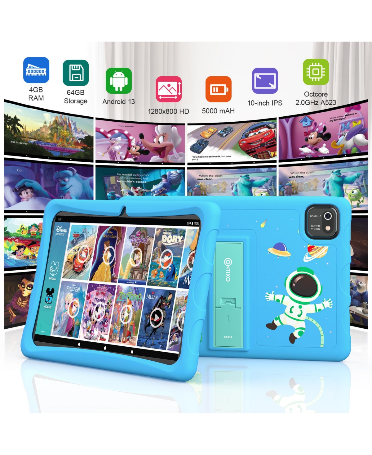 Contixo K103A Kids Tablet 80 Disney E-Books Hd 10” 64GB, 4GB Ram, Octa-Core 2.0GHz Cpu Android Tablets, Dual Camera 8 Mp Back & 2 Mp front, Blu