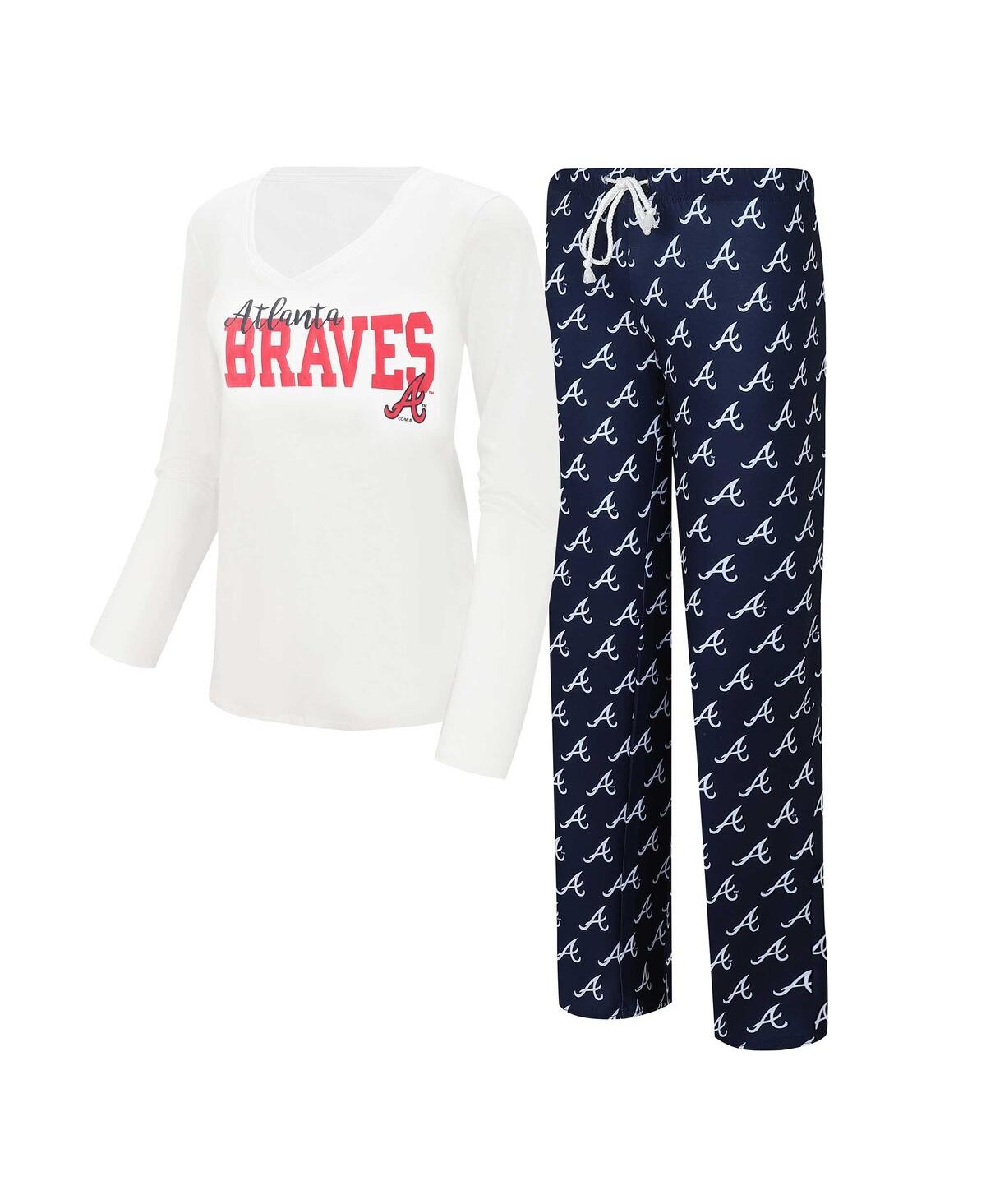 Concepts Sport Women's  White, Navy Atlanta Braves Long Sleeve V-neck T-shirt And Gauge Pants Sleep S In White,navy
