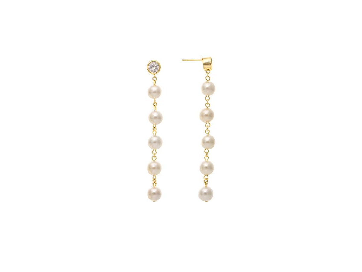 Pearl Strand with Cubic Zirconia Top Dangle Earrings - Gold with white pearl