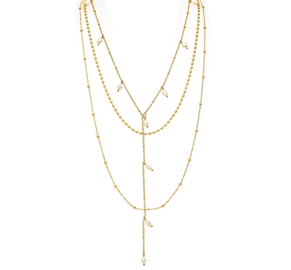 Layered Pearl + Bead Chain Necklace Set - Gold with white pearl
