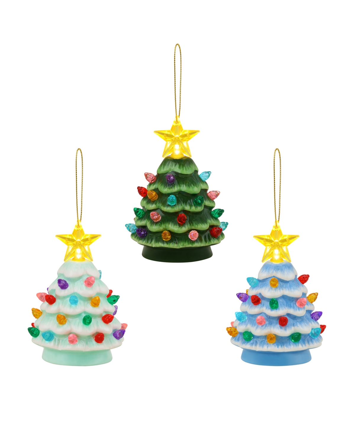 Mr. Christmas 4" Nostalgic Ceramic Lit Tree Ornaments Green, Light Blue, Sea Foam, Set Of 3 In Multi