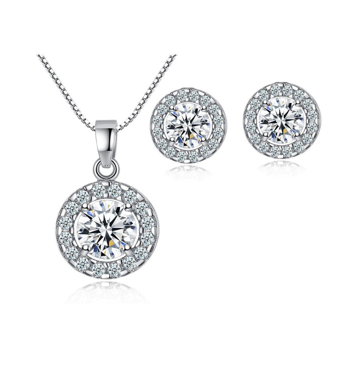 Cubic Zirconia Necklace Set with Cubic Zirconia Halo Earring Settings - Silver