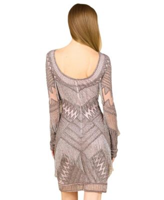Women's Long Sleeve Beaded V-Neck Fringe Cocktail Mini Dress