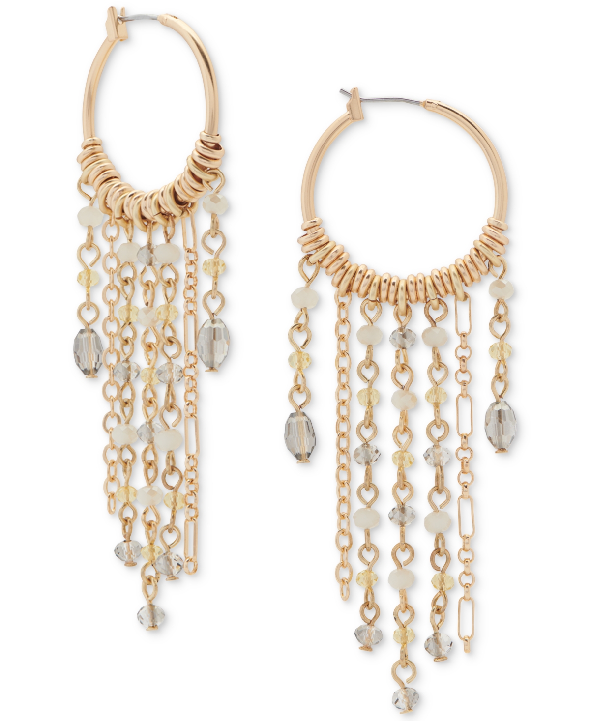 Lucky Brand Gold-tone Chandelier Hoop Crystal Fringe Earrings, 3"