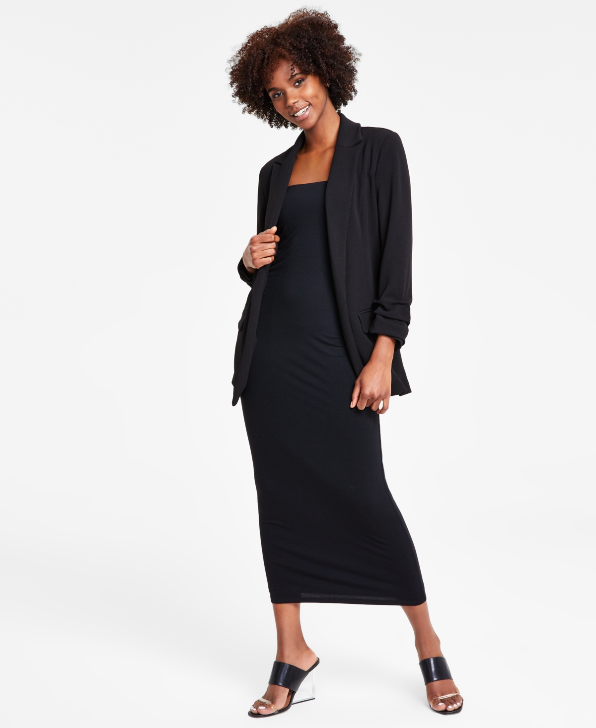 Bar Iii Petite Solid Notched-Collar Ruched-Sleeve Blazer, Created for Macy's