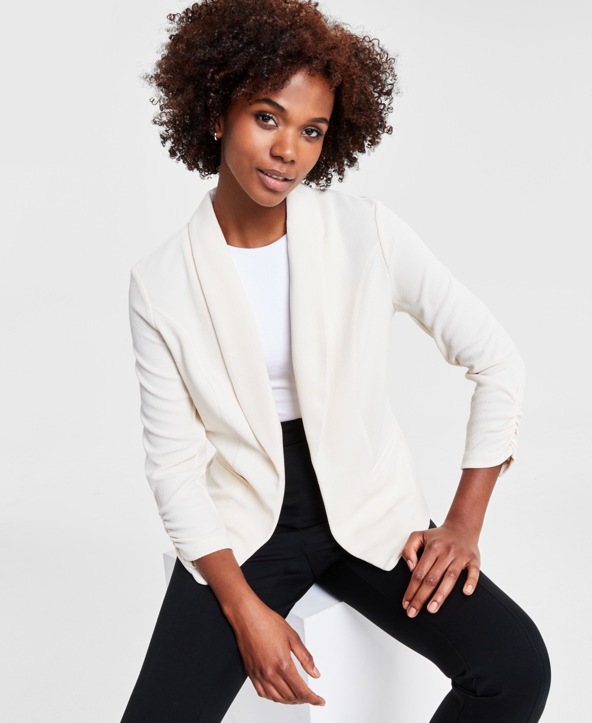 Bar Iii Women's Ruched 3/4-sleeve Knit Blazer, Created For Macy's In Palomino