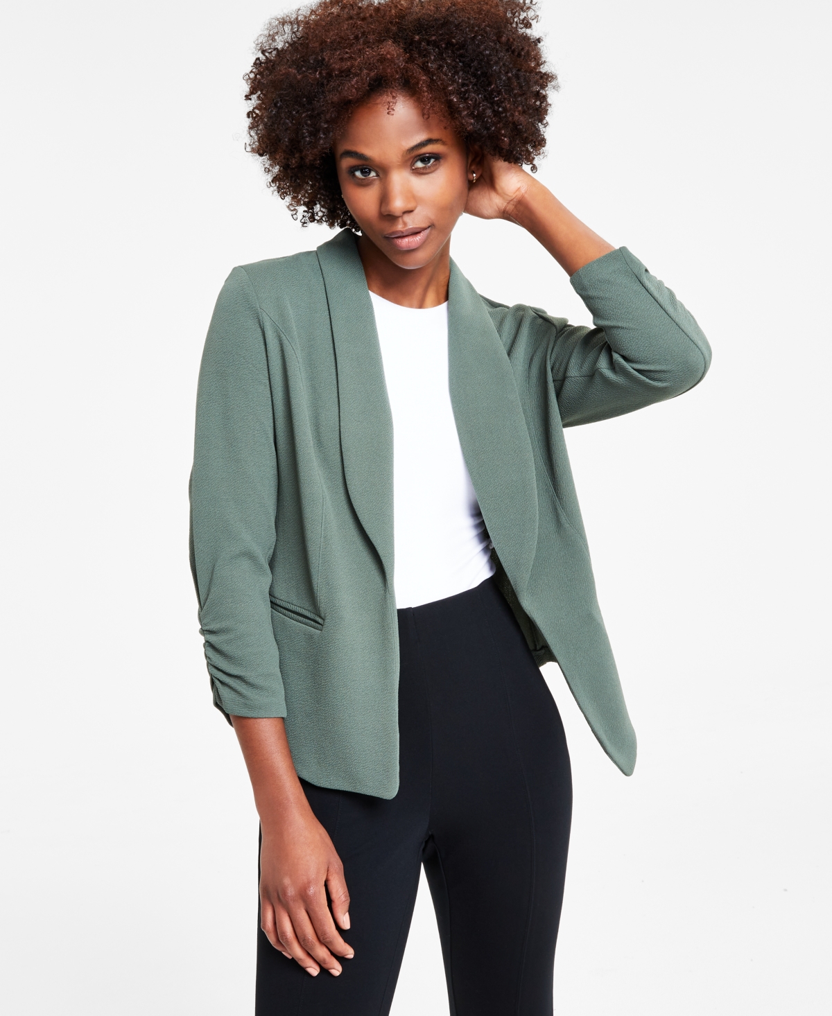 Bar Iii Women's Ruched 3/4-sleeve Knit Blazer, Created For Macy's In Palmetto