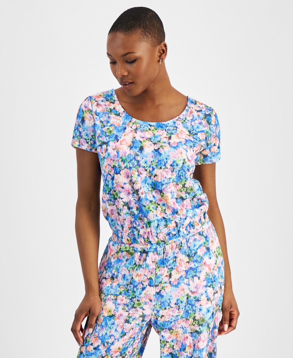 Petite Floral-Print Round-Neck Short-Sleeve Top, Created for Macy's - Lana Floral