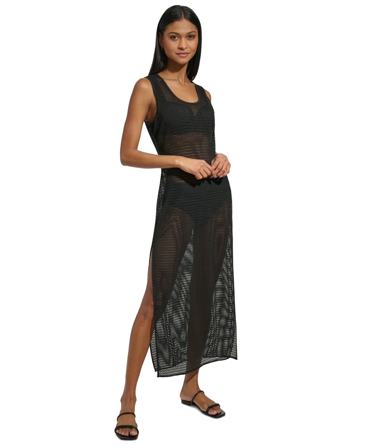 Shop Dkny Women's Mesh Maxi Dress Swim Cover-up In Black