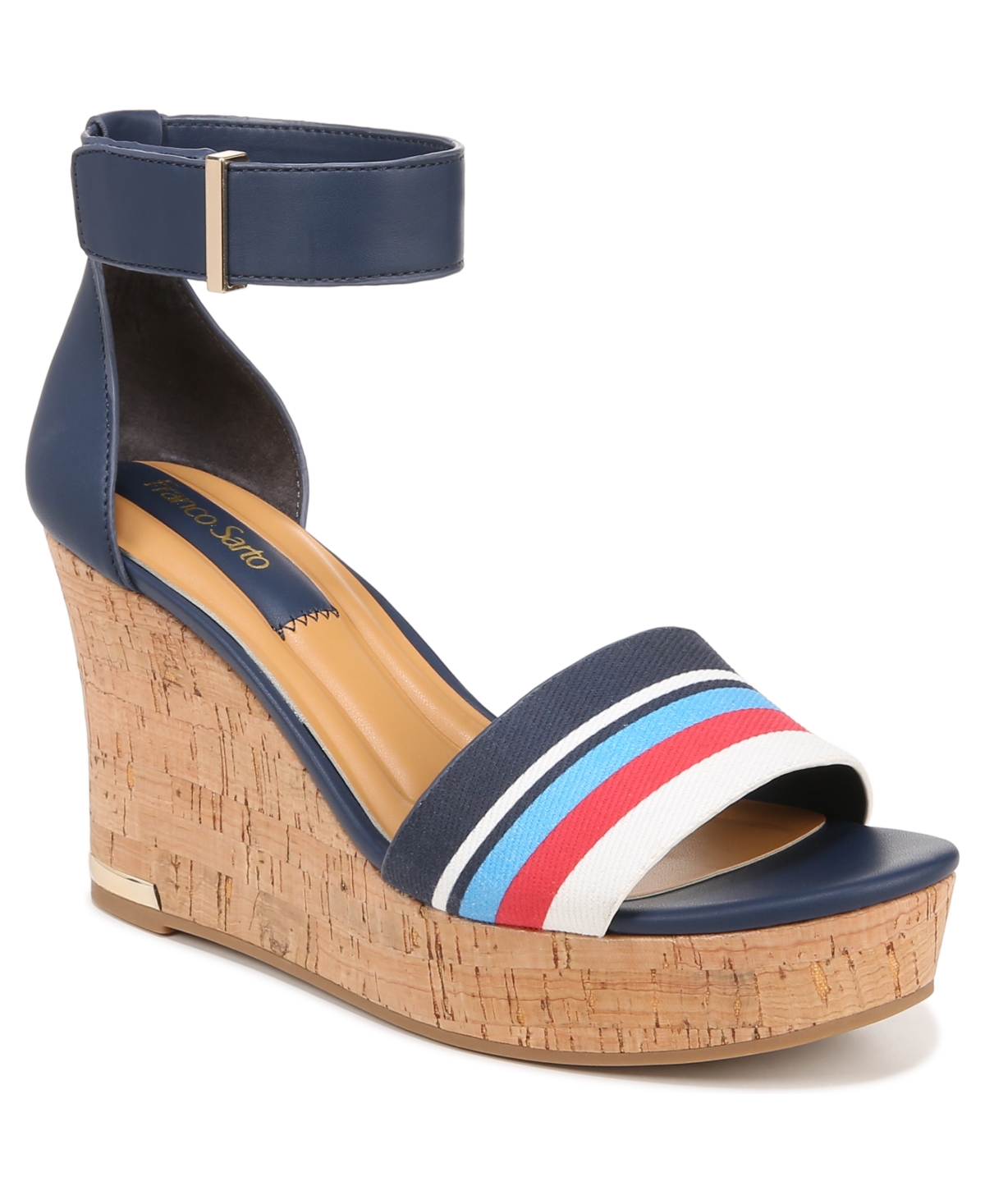 Shop Franco Sarto Women's Clemens Cork Wedge Sandals In Blue,red Stripe Fabric,faux Leather