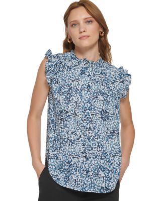 DKNY - Petite Printed Ruffle-Trim Half-Placket Blouse