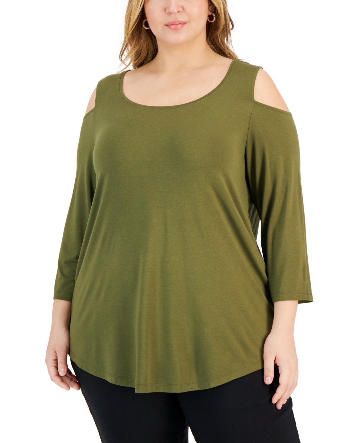 Plus Size 3/4-Sleeve Cold-Shoulder Top, Created for Macy's - New Avocado