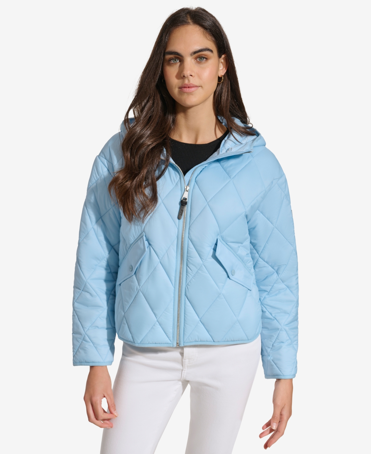 Dkny Women's Cropped Hooded Diamond Quilted Coat In Cloud