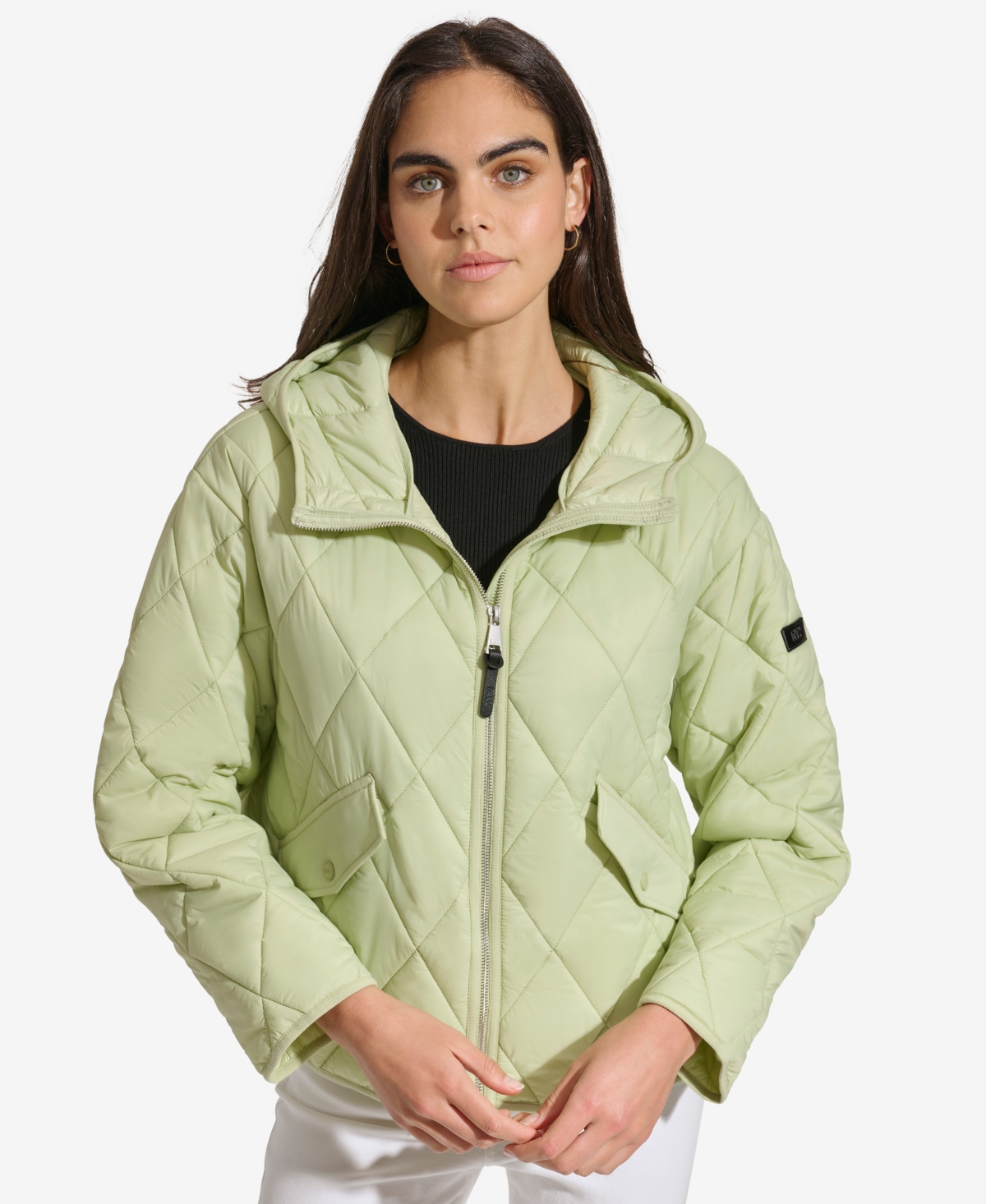 Dkny Women's Cropped Hooded Diamond Quilted Coat In Celadon