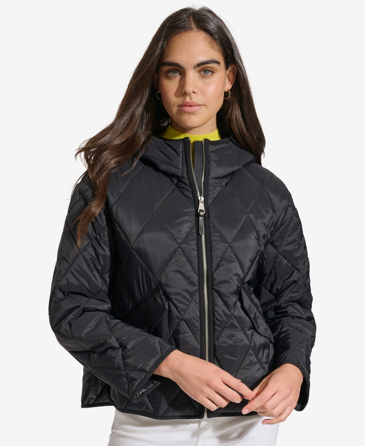 Shop Dkny Women's Cropped Hooded Diamond Quilted Coat In Black