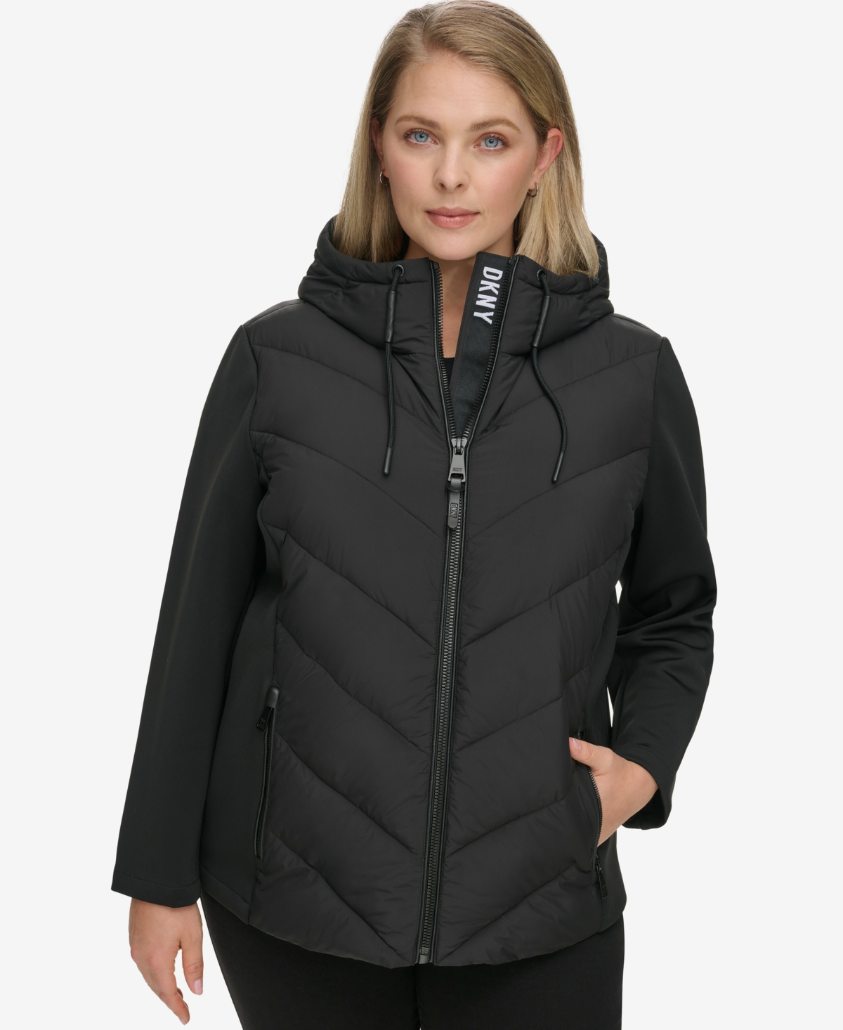 Shop Dkny Women's Plus Size Hooded Scuba Packable Puffer Coat In Black