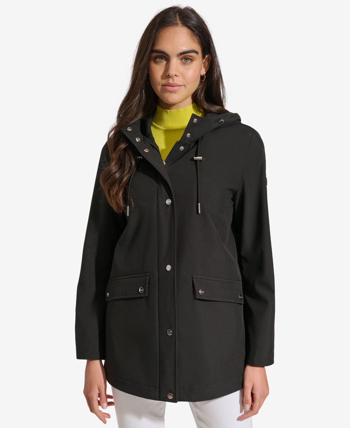 Dkny Women's Hooded Long-sleeve Water-resistant Raincoat In Black