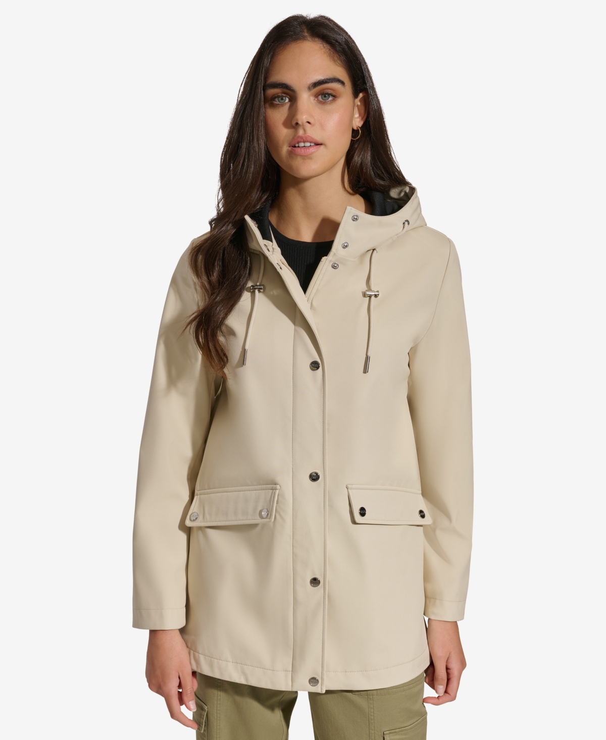 Shop Dkny Women's Hooded Long-sleeve Water-resistant Raincoat In Shell