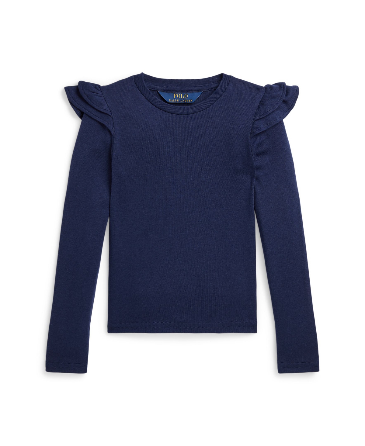 Polo Ralph Lauren Kids' Toddler And Little Girls Ruffled Cotton-modal Long-sleeve T-shirt In Newport Navy With White