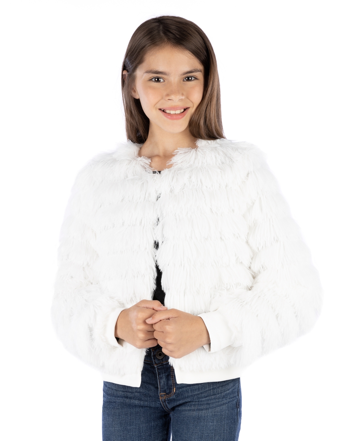 Speechless Kids' Big Girls Stripe Shag Jacket In Ivory