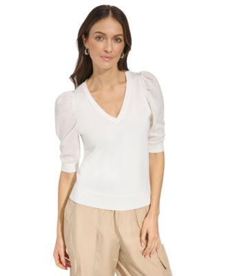 DKNY - Women's Puff-Sleeve V-Neck Sweater