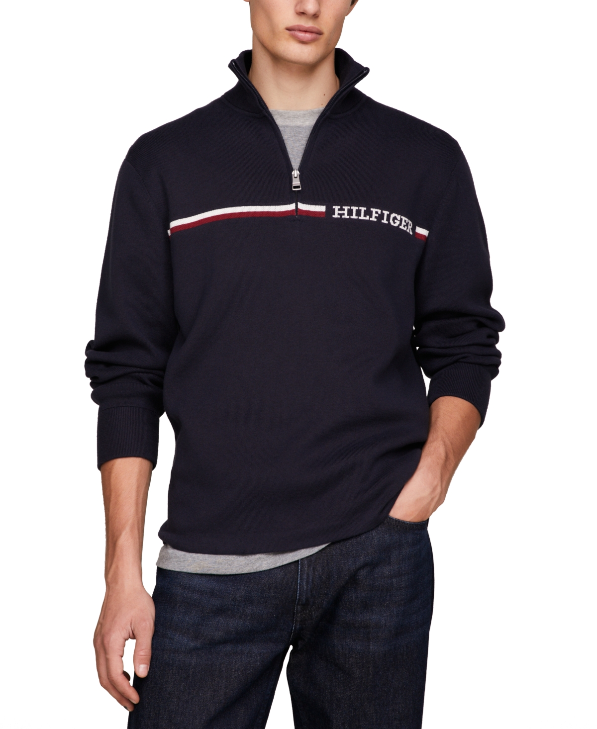 Tommy Hilfiger Men's Stripe Quarter-zip Sweater In Desert Sky