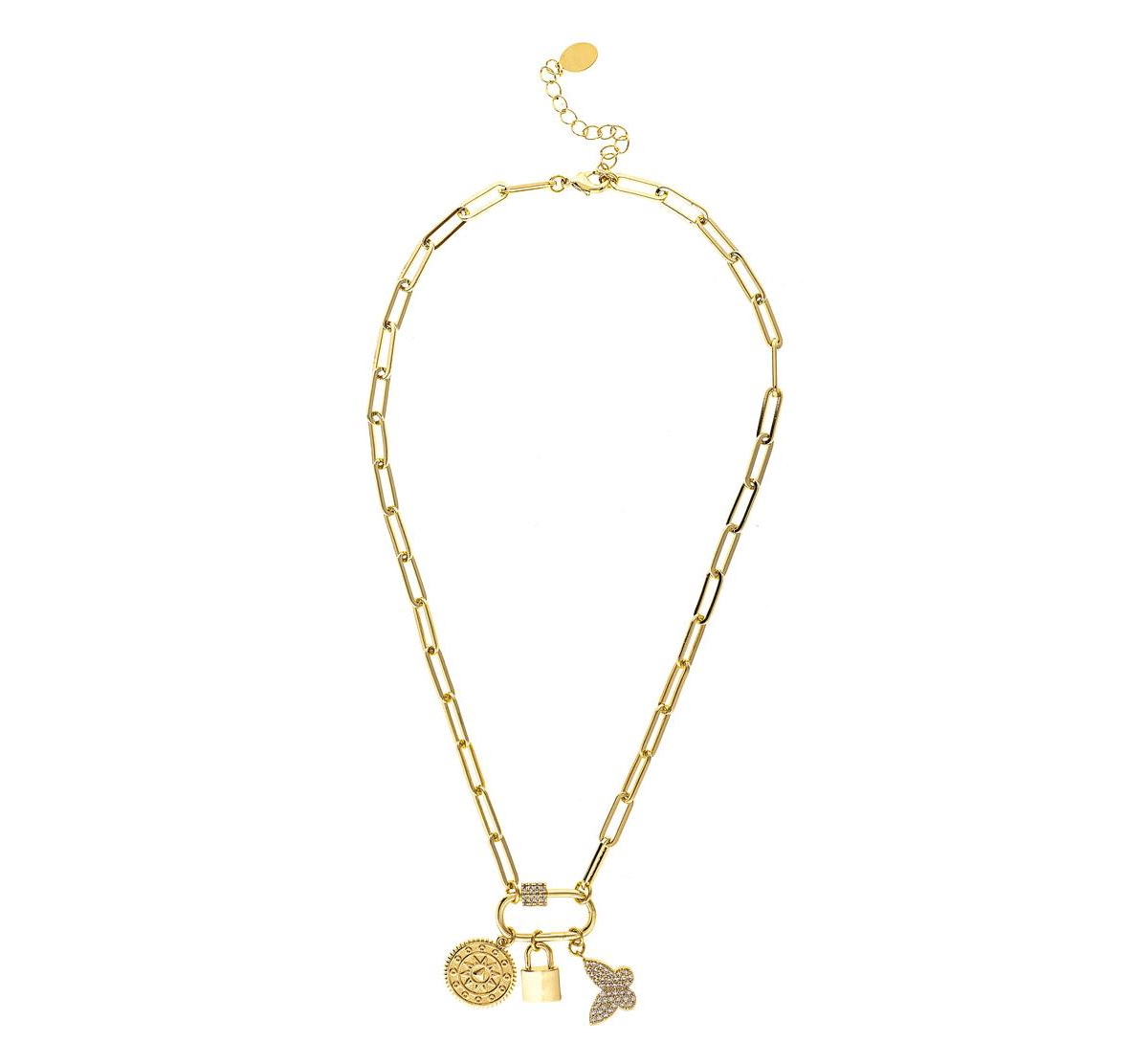 Charm Necklace on Paperclip Chain - Gold with clear cubic zirconia