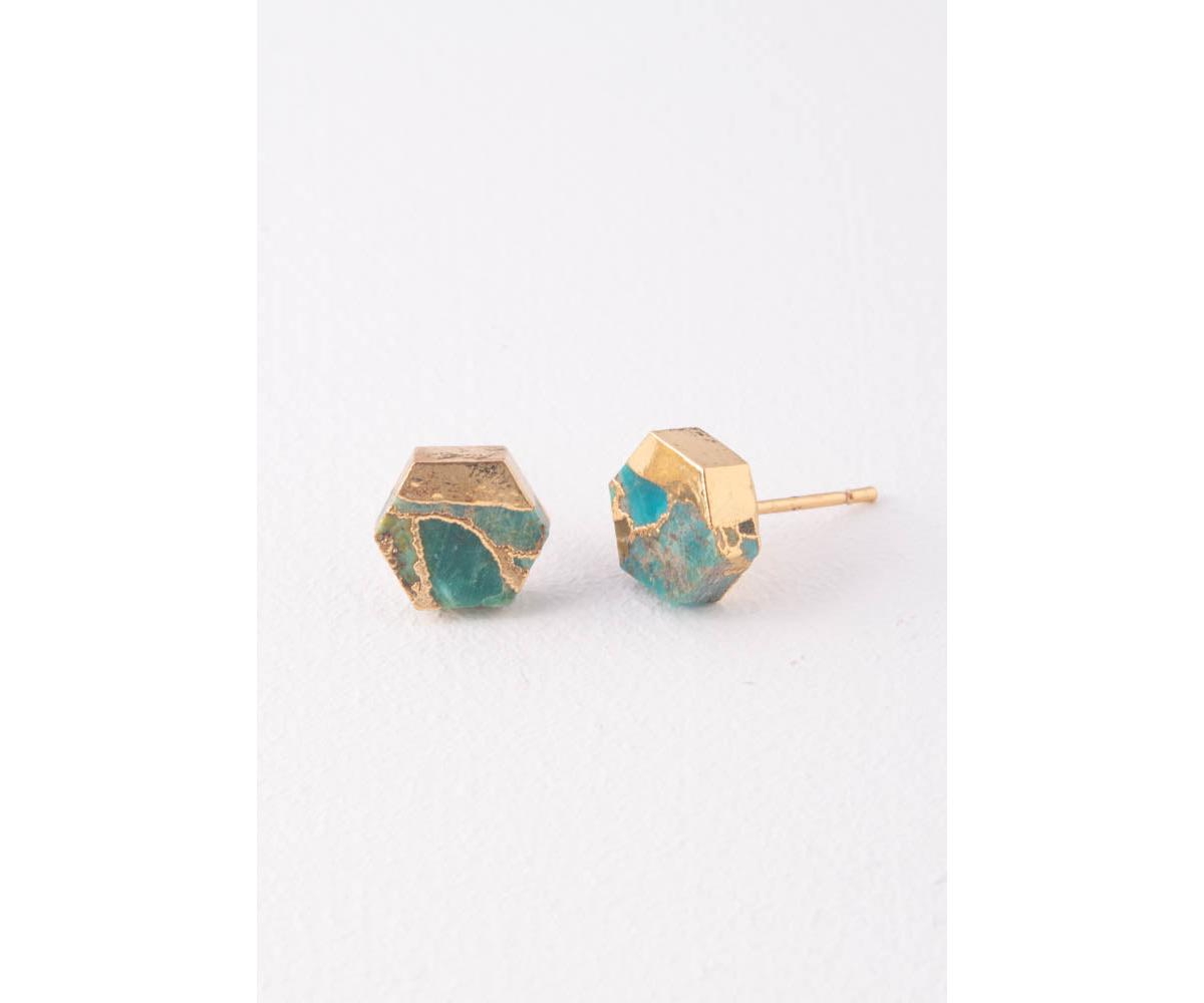 Oasis Turquoise and Gold Studs Earrings - Natural turquoise