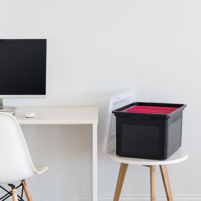 Letter & Legal Size Plastic Storage Bin Tote Organizing File Box with Durable and Secure Latching Lid, Stackable and Nestable, 4 Pack, Black