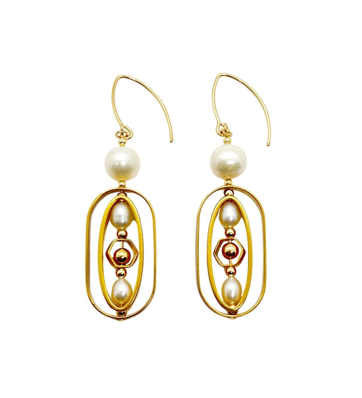 Pearls Geometric Earrings - White and gold