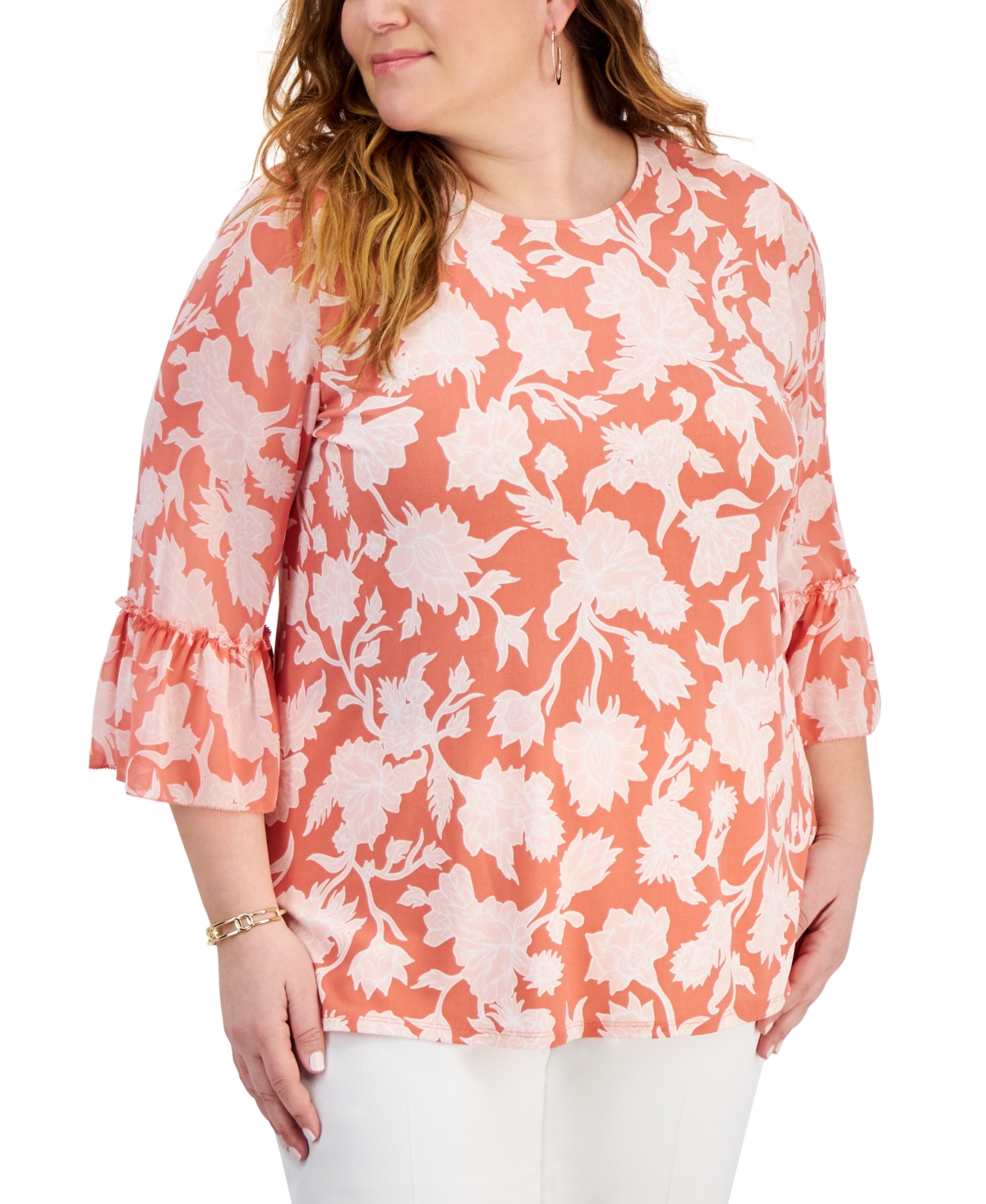 Jm Collection Plus Size Ruffled-sleeve Top, Created For Macy's In Burnt Brick Combo