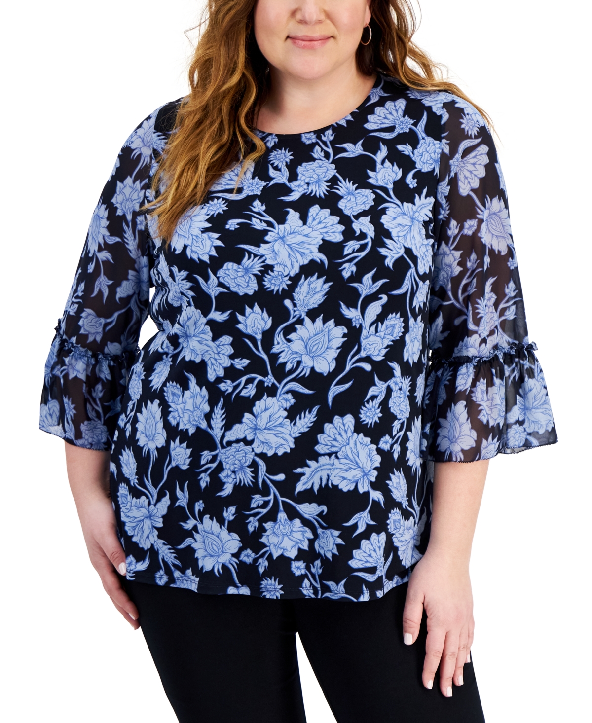 Jm Collection Plus Size Ruffled-sleeve Top, Created For Macy's In Intrepid Blue Combo