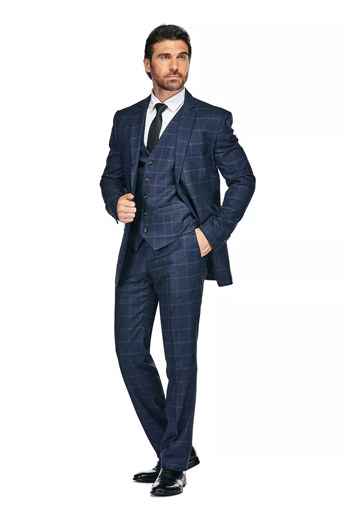 Men's 3-Piece Windowpane Plaid Slim Fit Suit - thumbnail 10