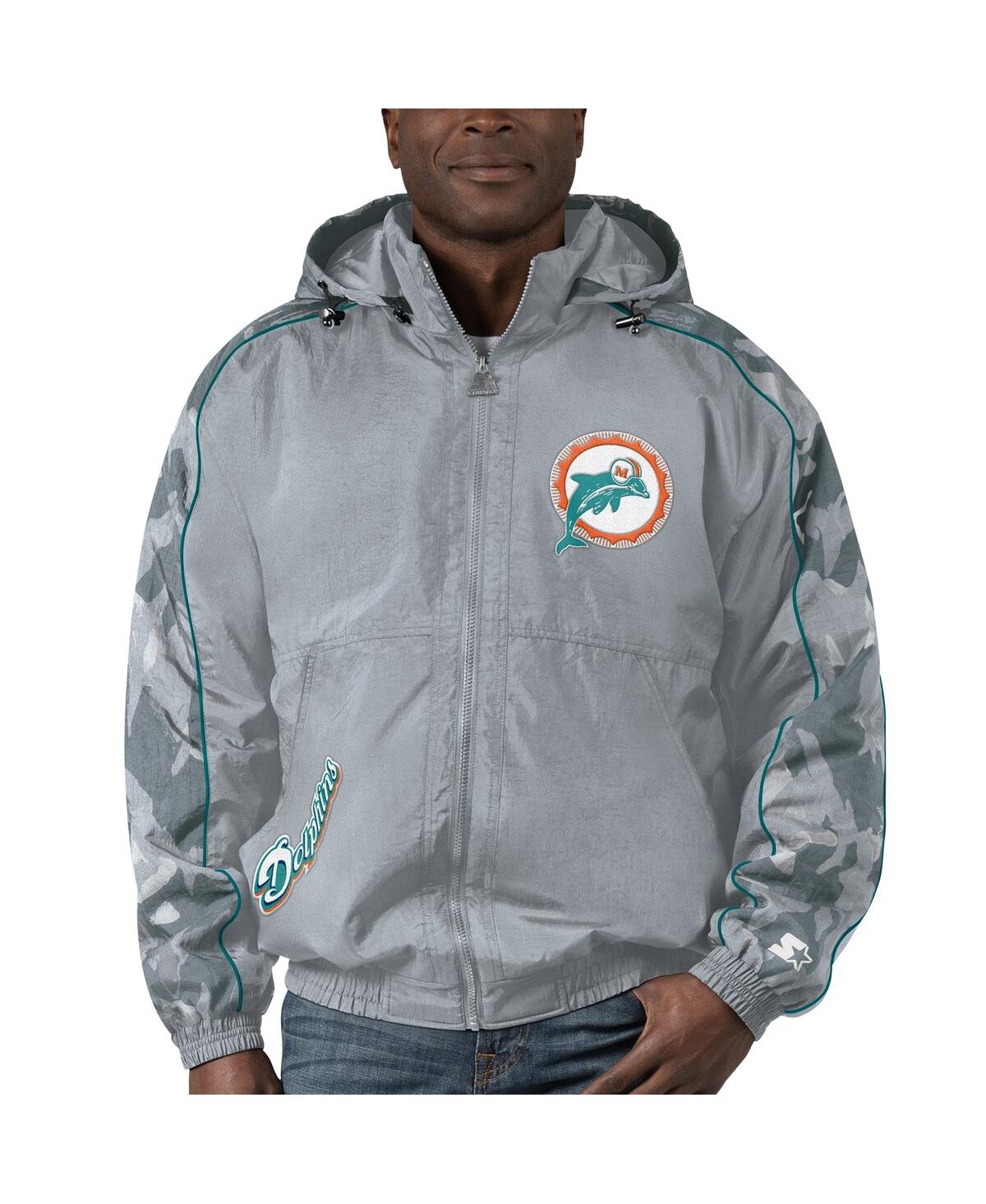 Shop Starter Men's  Gray Distressed Miami Dolphins Thursday Night Gridiron Throwback Full-zip Jacket