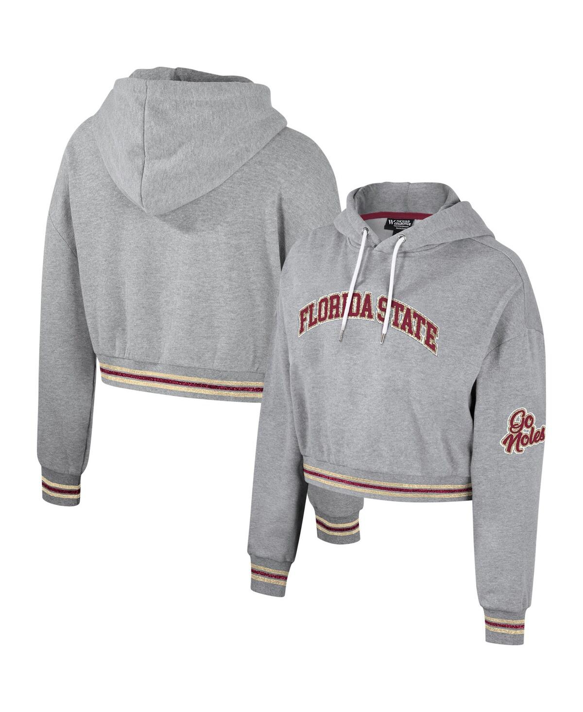 Women's The Wild Collective Heather Gray Distressed Florida State Seminoles Cropped Shimmer Pullover Hoodie - Heather Gray