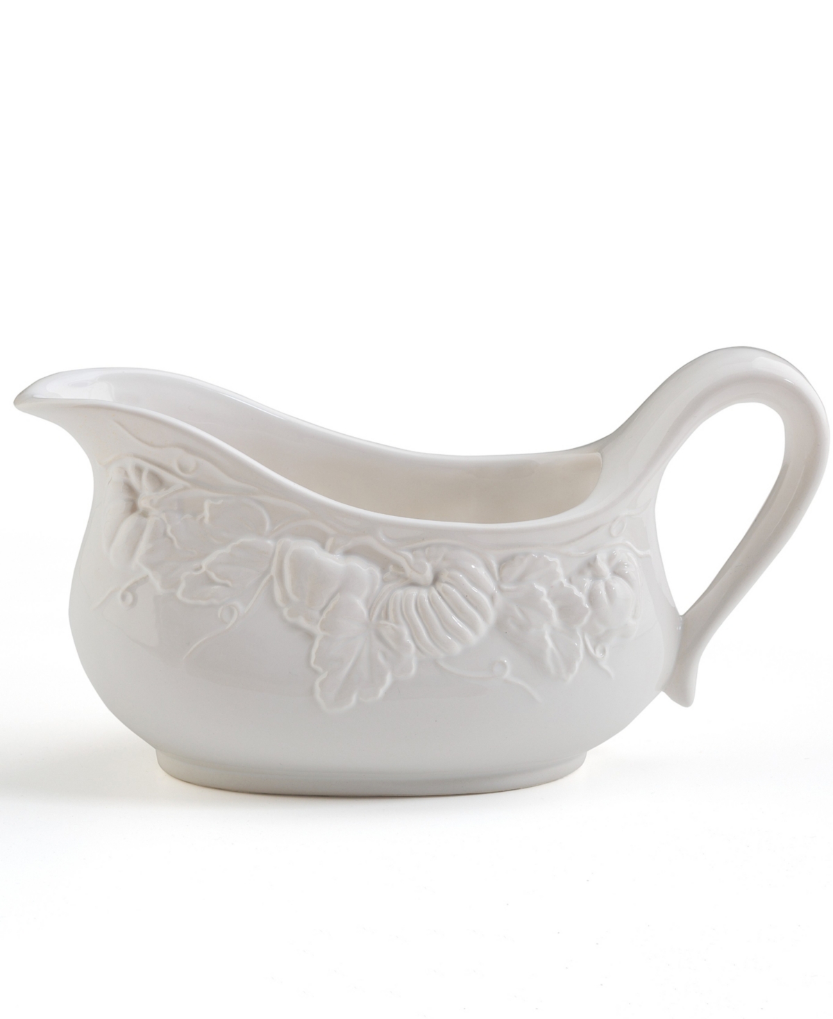 Euro Ceramica Pumpkin Leaf Turkey Platter And Gravy Boat Set, Embossed Pumpkin Fall Harvest In White