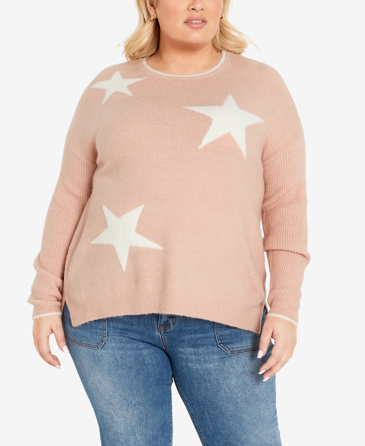 Avenue Plus Size Miley Star Round Neck Sweater In Pink