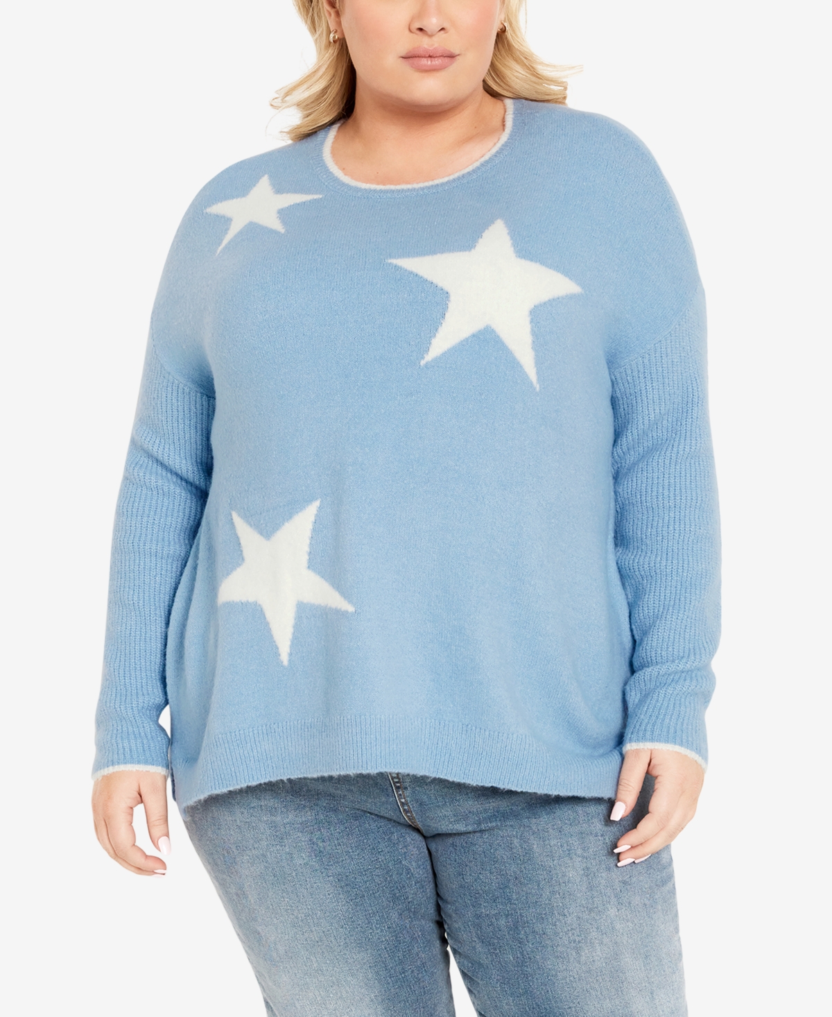Avenue Plus Size Miley Star Round Neck Sweater In Blue