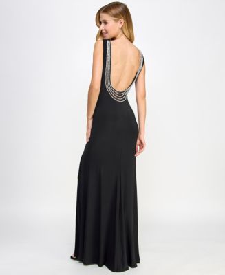 B Darlin Juniors' High-Neck Pearled Scoop-Back Sleeveless