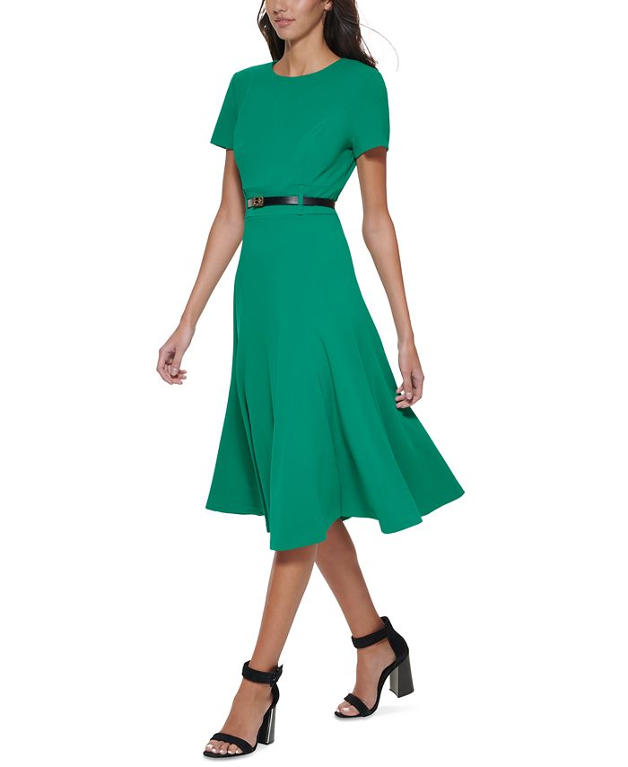 Belted Short-sleeved Midi Dress