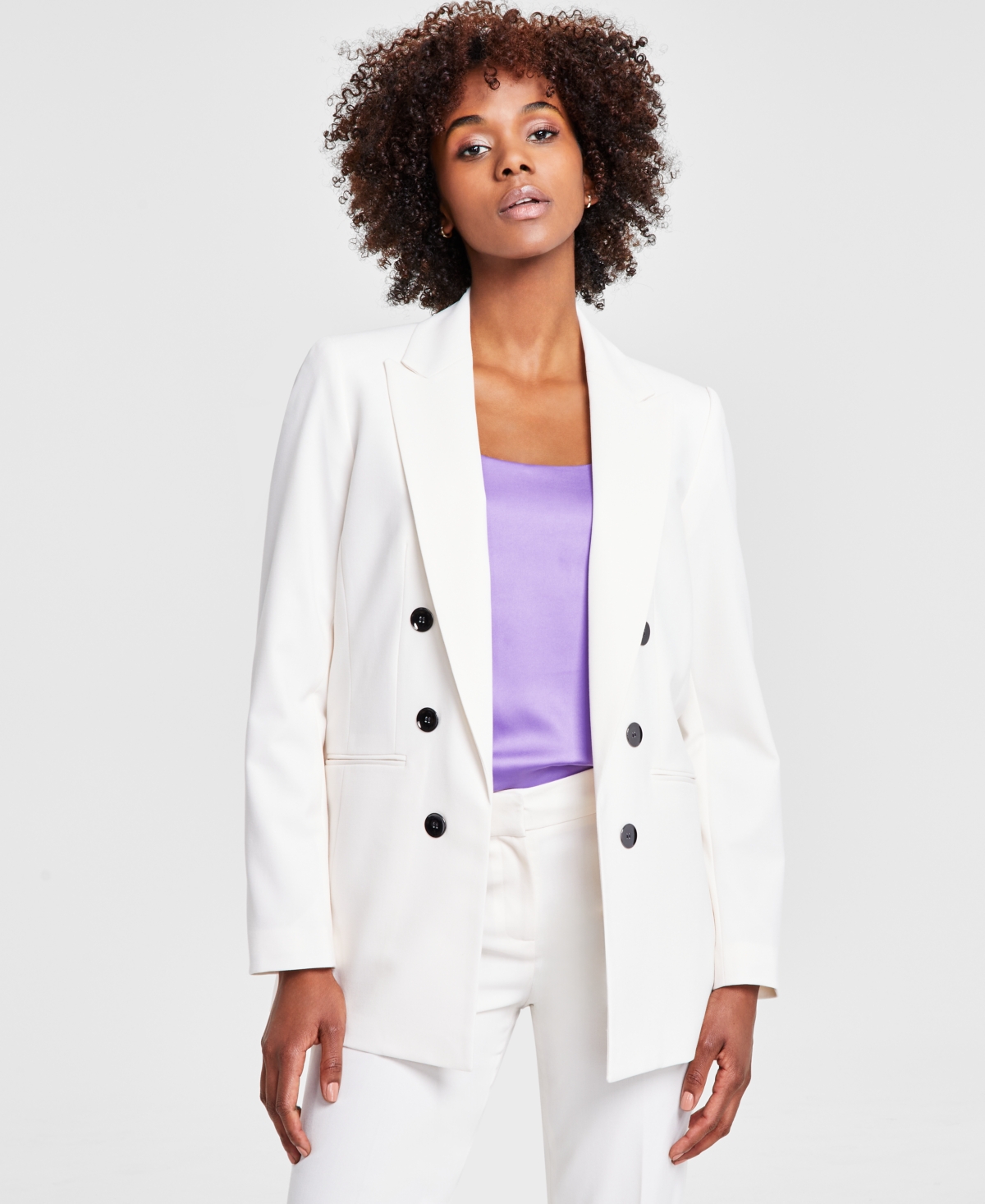 Women's Faux Double-Breasted Boyfriend Jacket, Created for Macy's - Bar White