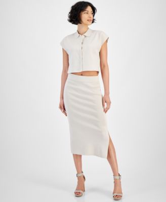 Extended Shoulder Cropped Shirt Midi Skirt