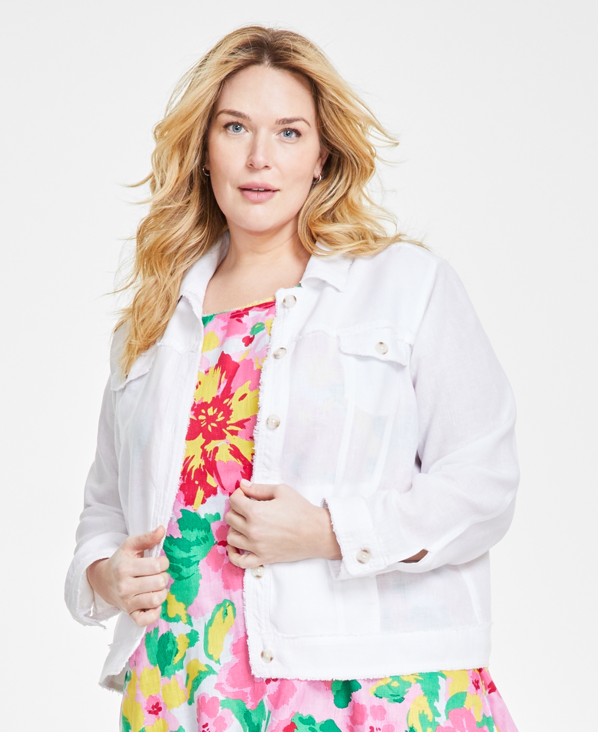 Plus Size Linen Fringe-Trim Button-Up Jacket, Created for Macy's - Bright White