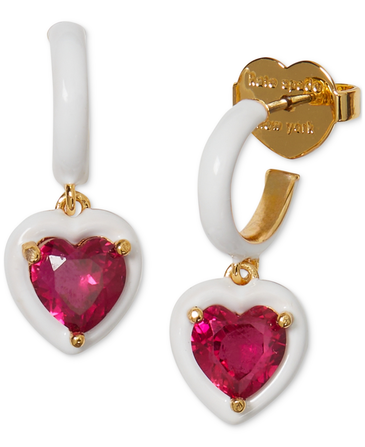 Kate Spade Gold-tone White-framed Red Crystal Heart Charm Huggie Hoop Earrings In Red Multi